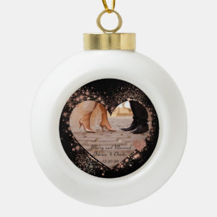 Married & Merry Rose Gold Twinkling Lights Photo Ceramic Ball Christmas Ornament