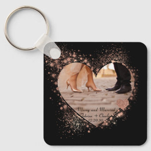 Married & Merry Rose Gold Twinkling Lights Photo Key Ring