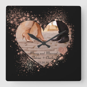 Married & Merry Rose Gold Twinkling Lights Photo Square Wall Clock