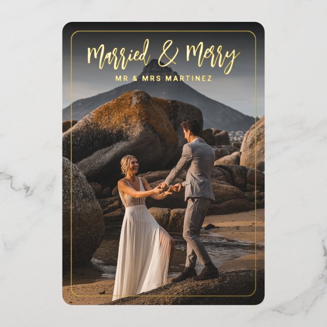 Married & Merry Rounded Frame Foil Holiday Card (Front)