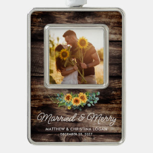 Married Merry Rustic Sunflower Eucalyptus Photo Silver Plated Framed Ornament