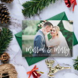 MARRIED & MERRY | rustic wedding announcement Postcard<br><div class="desc">card design with a photo of the bride and groom and elegant white brush typography. The text and colours can be personalised.</div>