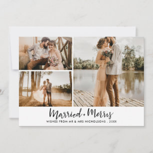 Married & Merry   Script Modern Newlywed Photo Holiday Card