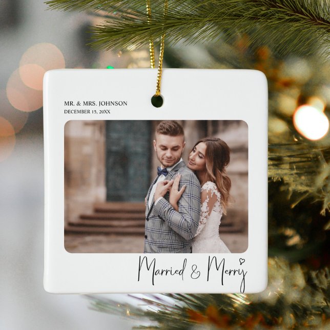 Married & Merry Script Newlywed Christmas Ceramic Ornament (Creator Uploaded)