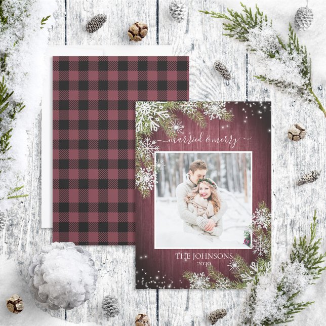 Married & Merry Script Rustic Burgundy Photo (Creator Uploaded)