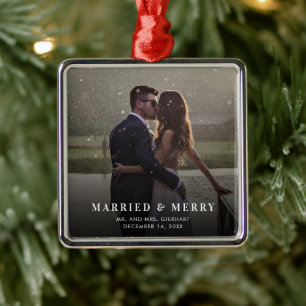 Married & Merry Wedding Day Photo Christmas Metal Tree Decoration