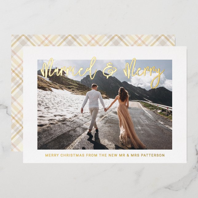 Married & Merry Wedding Mr & Mrs First Christmas Foil Holiday Card (Front/Back)