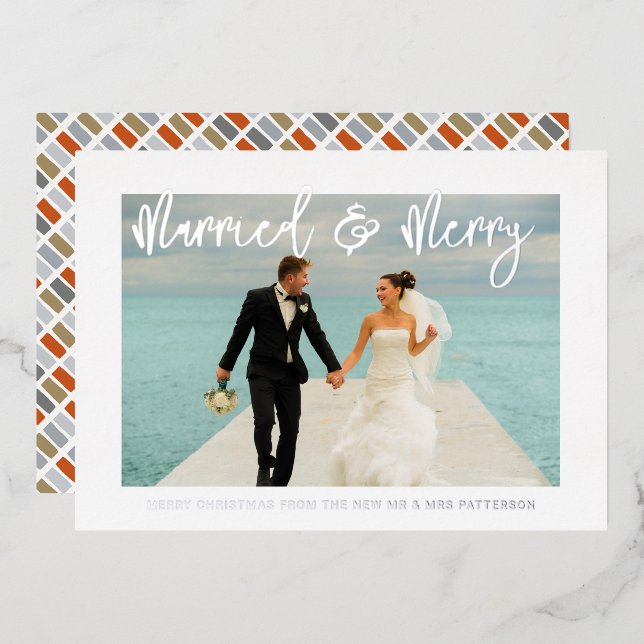 Married & Merry Wedding Mr & Mrs First Christmas Foil Holiday Card (Front/Back)