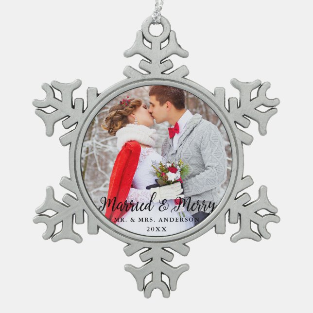 Married & Merry Wedding Photo Christmas B Snowflake Pewter Christmas Ornament (Front)