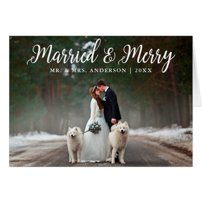 Married & Merry Wedding Photo Christmas Fold Card (Front Horizontal)