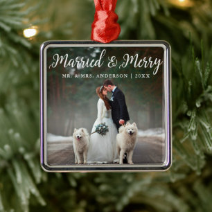 Married & Merry Wedding Photo Christmas Metal Tree Decoration