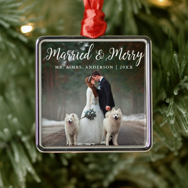 Married & Merry Wedding Photo Christmas Metal Tree Decoration (Tree)