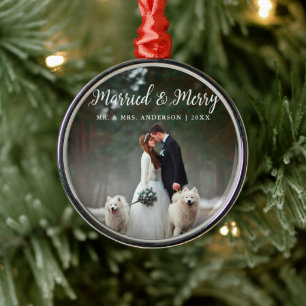 Married & Merry Wedding Photo Christmas Round Metal Tree Decoration