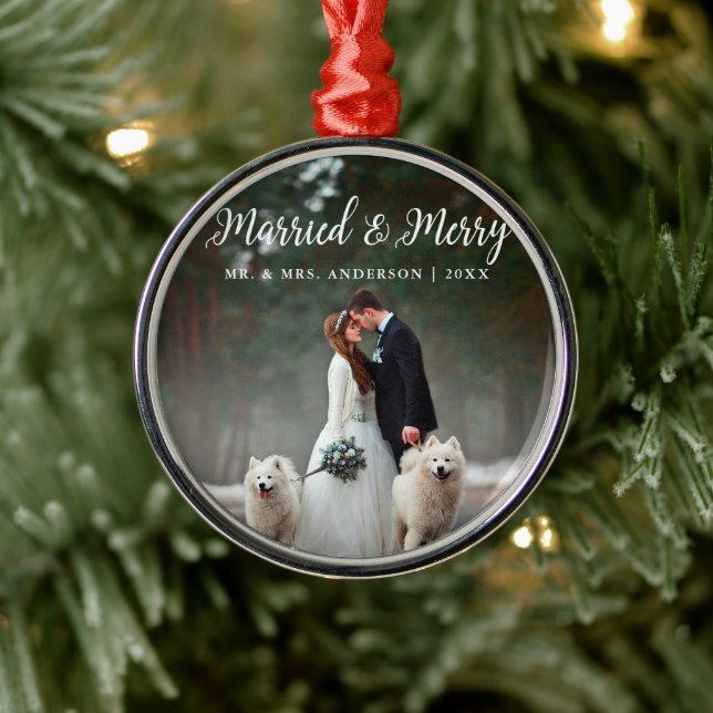 Married & Merry Wedding Photo Christmas Round Metal Tree Decoration (Tree)