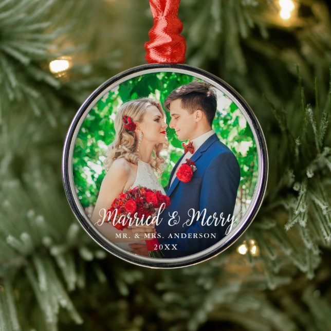 Married & Merry Wedding Photo Christmas Round W Metal Tree Decoration (Tree)