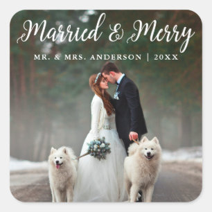 Married & Merry Wedding Photo Christmas Square Sticker
