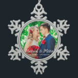 Married & Merry Wedding Photo Christmas W Snowflake Pewter Christmas Ornament<br><div class="desc">Married & Merry Wedding Photo Christmas Snowflake Ornament - White Script</div>