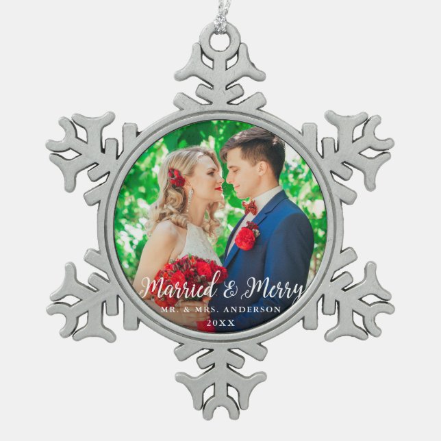 Married & Merry Wedding Photo Christmas W Snowflake Pewter Christmas Ornament (Front)