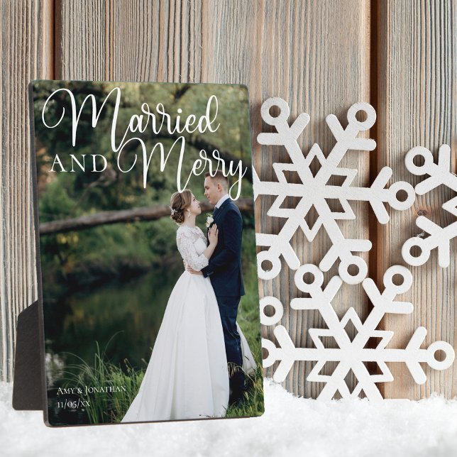 Married Merry Wedding Photo Elegant White Script Plaque (Creator Uploaded)
