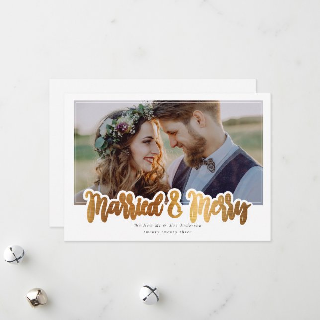 Married & Merry Wedding Photo Foil  Holiday Card (Front/Back In Situ)