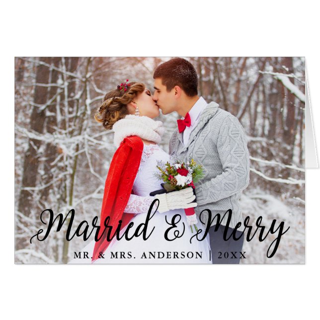 Married & Merry Wedding Photo Fold Christmas Card (Front Horizontal)
