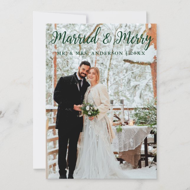 Married & Merry Wedding Photo Green Holiday Card (Front)
