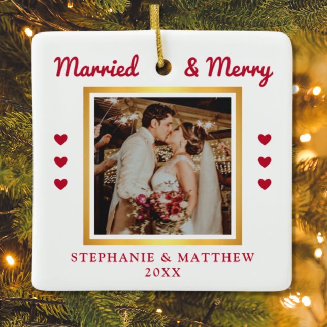 Married & Merry Wedding Photo Modern Gold Ceramic Ornament (Creator Uploaded)