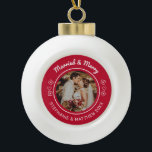 Married & Merry Wedding Photo Modern Red Ceramic Ball Christmas Ornament<br><div class="desc">This personalised Christmas ornament features a modern design with script font and hearts. Personalise the name,  year and wedding photo. This template works best with a landscape format photo with the couple in the centre.</div>