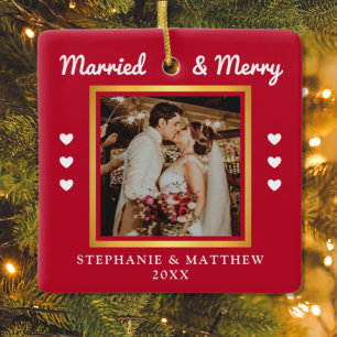 Married & Merry Wedding Photo Modern Red Ceramic Ornament