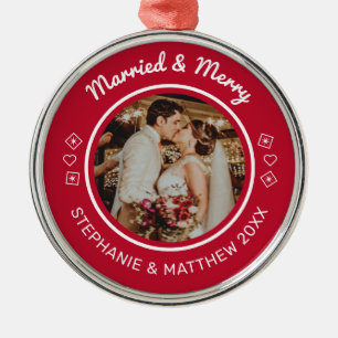 Married & Merry Wedding Photo Modern Red Metal Tree Decoration
