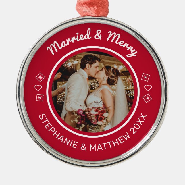 Married & Merry Wedding Photo Modern Red Metal Tree Decoration (Front)