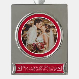 Married & Merry Wedding Photo Modern Red Silver Plated Banner Ornament