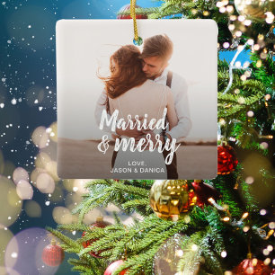 Married & Merry Wedding Thank you Christmas Photo Ceramic Ornament