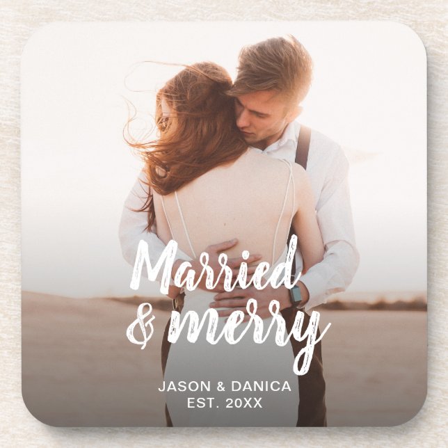 Married & Merry Wedding Thank you Christmas Photo Coaster (Front)