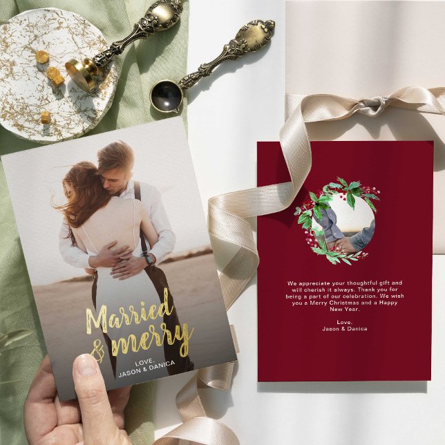 Married & Merry Wedding Thank you Christmas Photo Foil Holiday Card (Creator Uploaded)