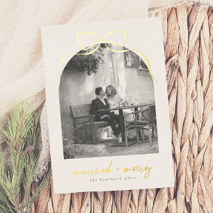 Married & Merry Whimsical Bow Arch Photo Christmas Foil Holiday Card