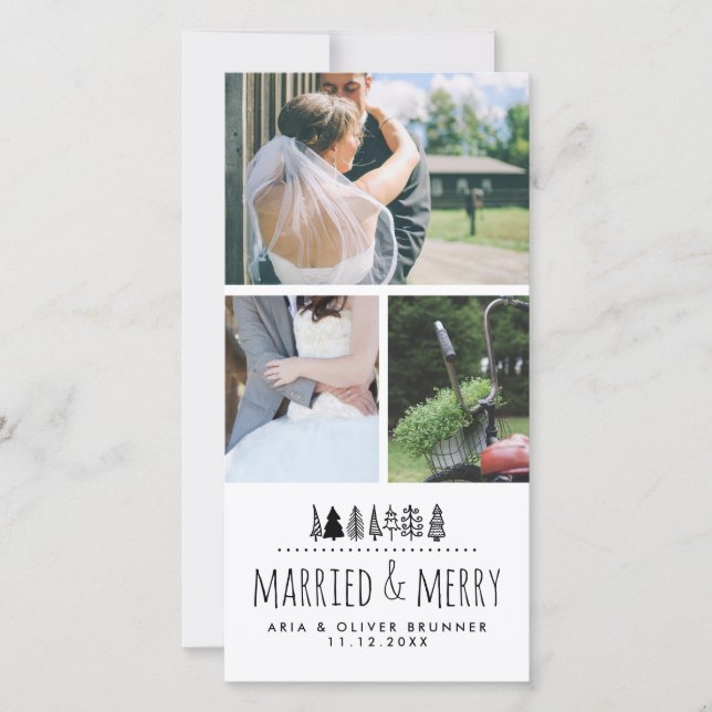 Married & Merry Whimsical Christmas Tree | Three Holiday Card (Front)