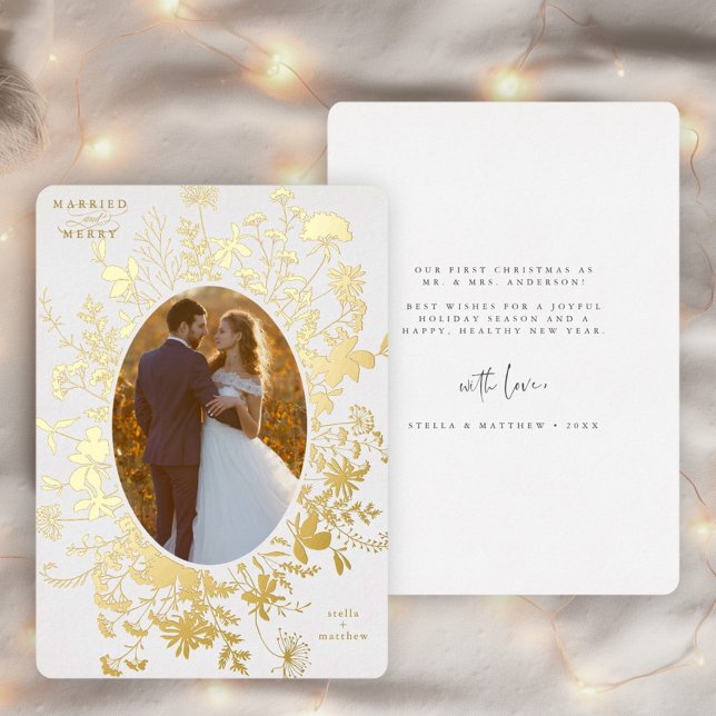 Married & Merry Wildflower Christmas Photo Gold Foil Holiday Card (Front & Back)