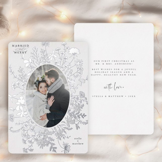 Married & Merry Wildflower Christmas Photo Silver  Foil Holiday Card (Front & Back)