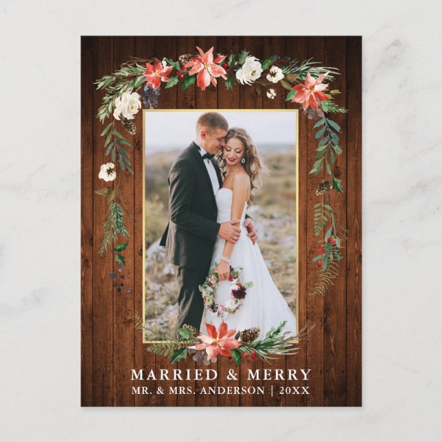 Married Merry Wood Gold Watercolor Winter Floral Postcard (Front)