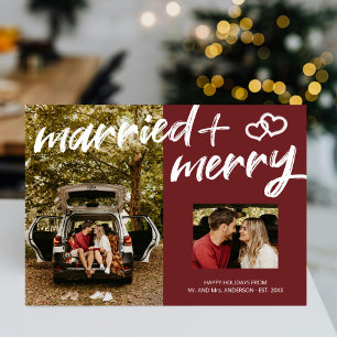 Married Merry Xmas Brush Script Newlyweds photos Holiday Card