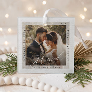 Married Minimal Elegant Script Wedding Photo  Glass Tree Decoration