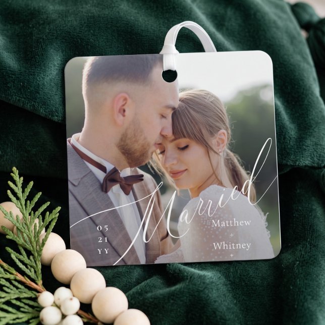 Married Minimal Elegant Script Wedding Photo Metal Tree Decoration (Married Minimal Elegant Script Wedding Photo Metal Ornament (Front))