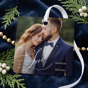 Married Minimal Love Script Wedding Photo Keepsake Metal Tree Decoration