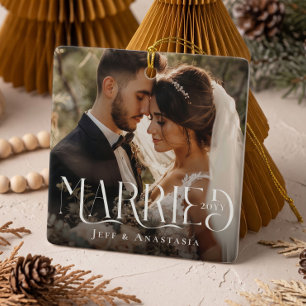 Married Modern Minimal Elegant Wedding Photos Ceramic Ornament