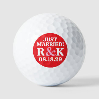 MARRIED Monogram & Pink Ampersand, Red Background Golf Balls