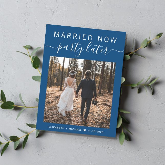 Married Now Party Later Photo Blue Wedding Announcement Postcard (Creator Uploaded)