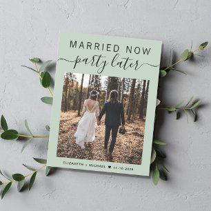 Married Now Party Later Photo Sage Green Wedding Announcement Postcard