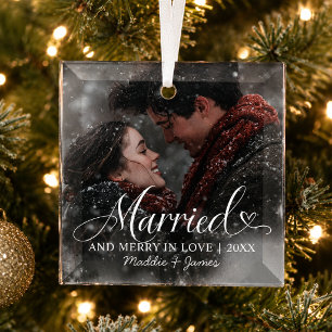 Married Our First Christmas Couple Names & Photo  Glass Tree Decoration