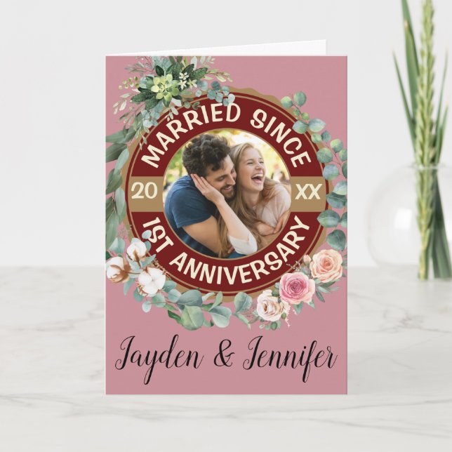 Married Since 1st Wedding Anniversary Floral Card (Front)